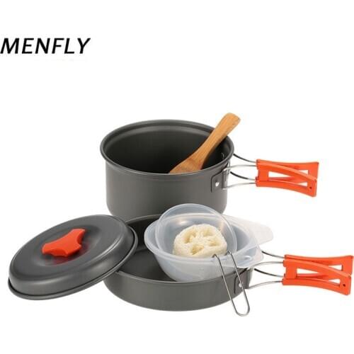 MENFLY Outdoor Picnic Pot Set with Bowl Camping Tableware Portable Combination Jacketed Kettle Cook Food Pots Frying Soup Pan