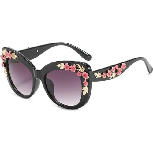 Fashion Design Flower Sunglasses for Women Vintage Metal Pink Rose Decorative Eyewear Oversize Cat Eye Sun Glasses