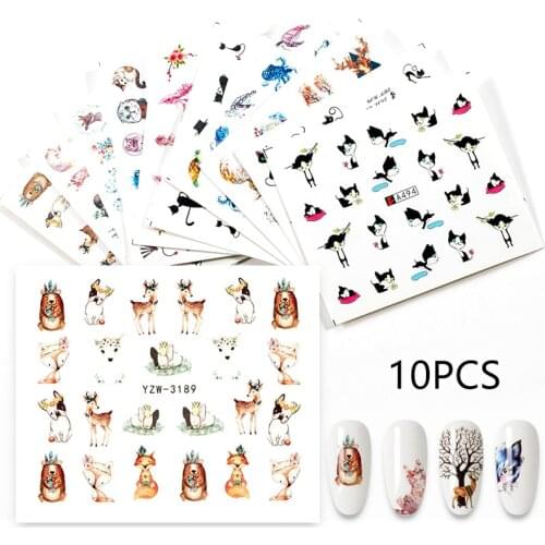 Mixed Set Animal Design Water Nail Stickers Cat Flower DIY Slider For Manicuring Nail Art Watermark