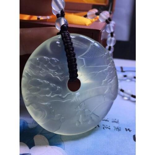 Natural Xiuyu ice jade hand-carved landscape round jade pendant jade necklace women pendants necklaces jadeite jade jewelry