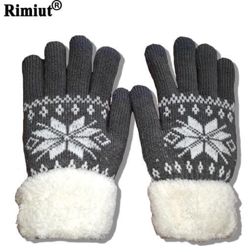 Rimiut Thick Cashmere Two Layer Winter Gloves For Women Snowflake Knitted Pattern Full Finger Skiing & Touch screen Glove
