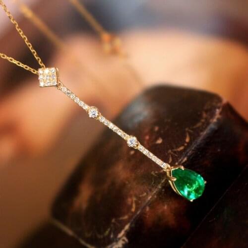 UBESTNICE Solid 18K Yellow Gold AU750 Diamond Fine Jewelry Natural Emerald Water Drop Pendant Necklaces For Women Party Gift