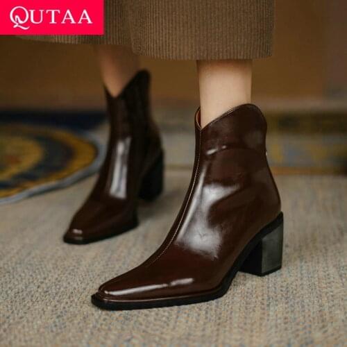 QUTAA 2022 Autumn Winter Cow Leather All Match Ankle Boots Long Boots Pointed Toe Square High Heel Ladies Shoes Size 34-40
