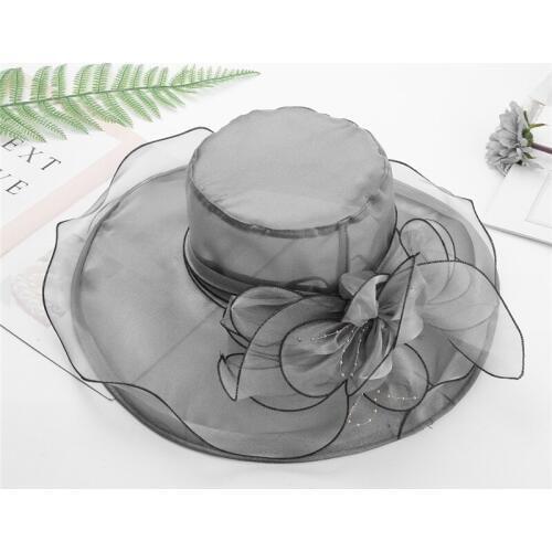 Summer Elegant Womens Beach Sun Hat Girls Ruffles Wide Brim Top Flower Organza Kentucky Derby Church Cap Bridal Weddings Hat