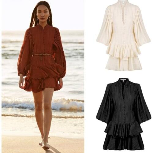 SHO**AJOY 21 Fall/Winter New Retro Palace Style Stand Collar Lantern Sleeve Layered Ruffle Dress