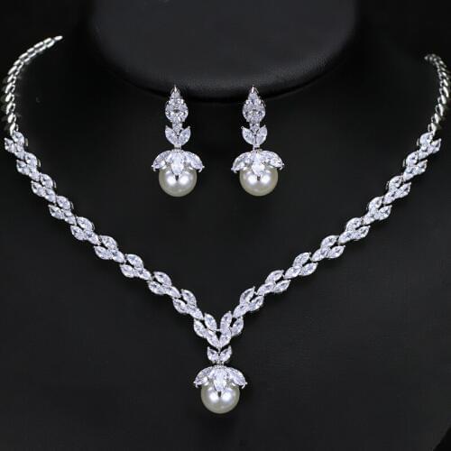 SINZRY Bling party jewelry set cubic zirconia imitation Pearl gorgous wedding Necklace earring Jewelry Sets For bridal