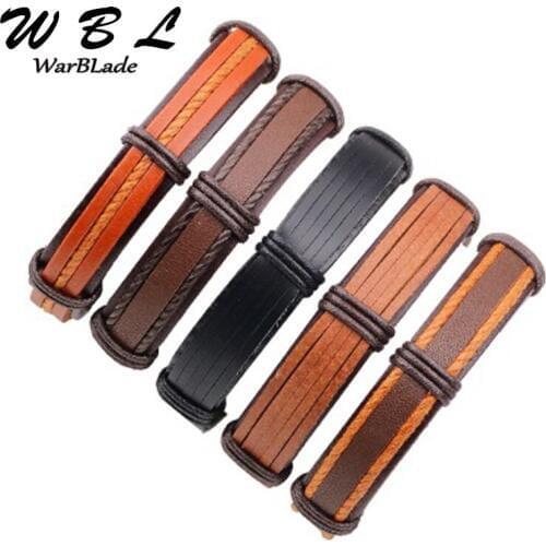 WarBLade 5pcs Genuine Leather Men Bracelet Vintage Charm Braided Bracelets Bangle Punk Wrap Wristband For Male Jewelry 2019 New