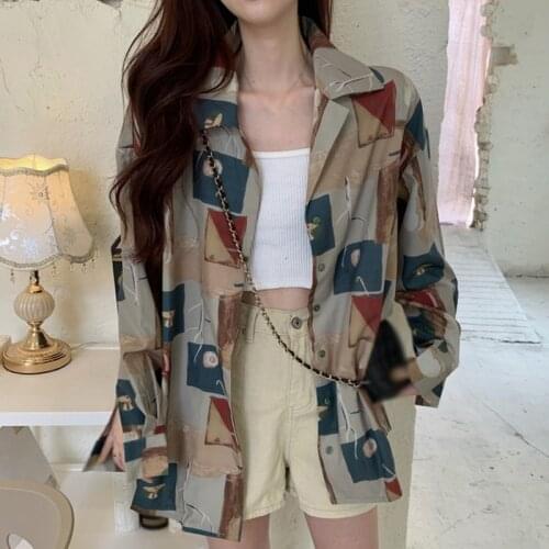 Women Hong Kong Style Retro Print Shirt Spring Summer Long Sleeve Girls Loose Lapel Blouse Tops