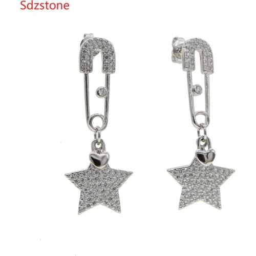 Safety Pin With Star And Heart Danle Earrings For Women Gothic Fashion White Crystal CZ Earrings Female Korean Jewelry Ear Cuff
