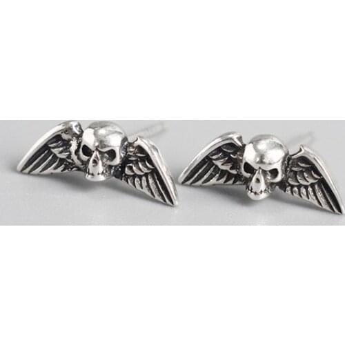 Vintage Punk Skull Stud Earrings Charm Female Angel Wings Earrings For Women 925 Sterling Silver Wedding Jewelry Hip Hop Earring