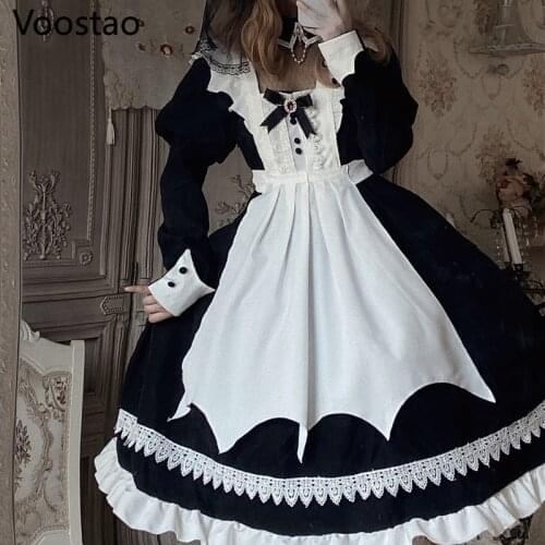 Original Gothic Lolita Vampire Maid Dress Halloween Cosplay Costume Women Vintage Velvet Elegant Apron Party Dresses Girly Dress