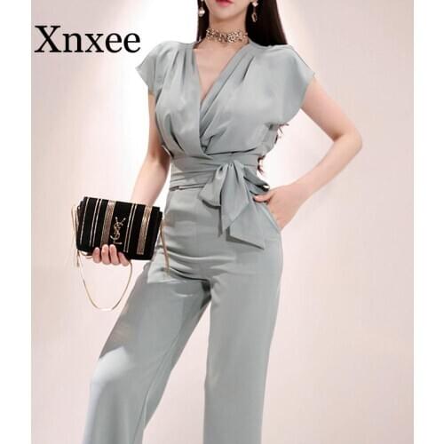 2020 Summer 2 Pieces set for women Sleeveless tops And Long Pant Suits V-Neck ladies work Wide Leg Office trousers Suit gray