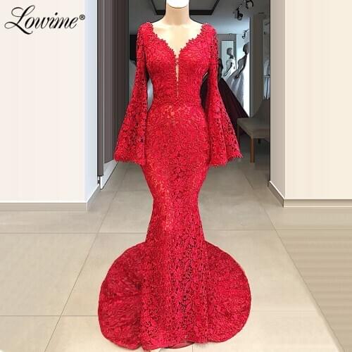 Long Sleeves Lace Evening Dress Abendkleider Mermaid Arabic Beaded Prom Dresses Women Formal Party Gowns Vestido De Festa 2020