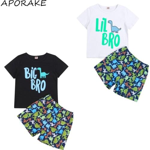 2021 2-7Y Children Boy Clothes Set Brother Matching Letter Print Short Sleeve O-neck T-shirt+Dinosaur Print Shorts Summer 2pcs
