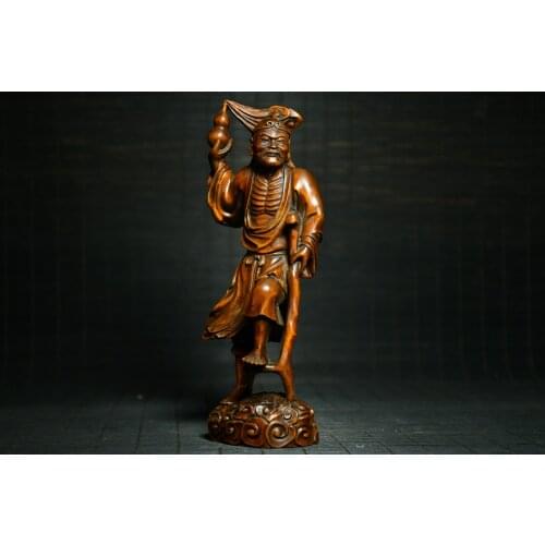 7"China Lucky Old Boxwood Hand-carved Iron Crutch Li Statue One of the Eight Immortals Office Ornaments Town House Exorcism