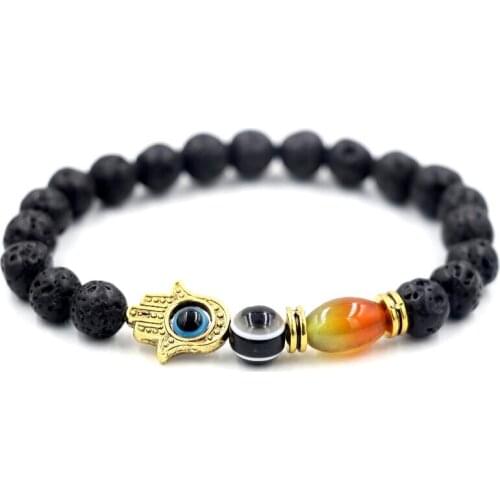 BPPCCR Lava Stone 8mm Turkish Evil Eye malachite Rhinestone Women Hamsa hand Chakra beads Bracelet, Women bijoux Jewelry
