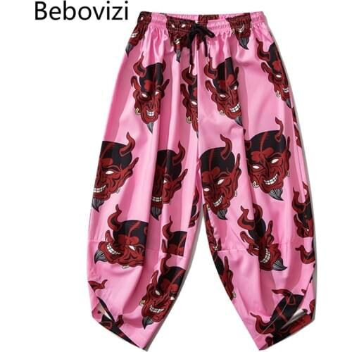 Bebovizi Pink Thin Kimono Pants Women Men Vintage Japanese Harajuku Demon Print Elastic Waist Casual Traditional Harem Trousers