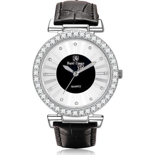 Royal Crown Large Lady Womens Watch Japan Quartz Crystal Hours Fine Fashion Dress Bracelet Leather Luxury Rhinestone Gift Box