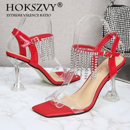 HOKSZVY 2021 New Wine Glass With Rhinestone Stiletto Heels With Square Toe And Fairy Style Fashion Stiletto Sandals LFD