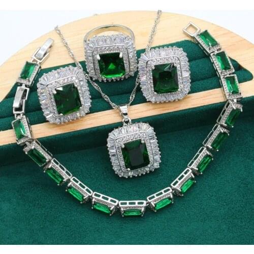 Classic Emerald Zircon Silver Color Jewelry Set for Women Wedding Bracelet Earrings Necklace Pendant Ring Christmas Gift Dubai
