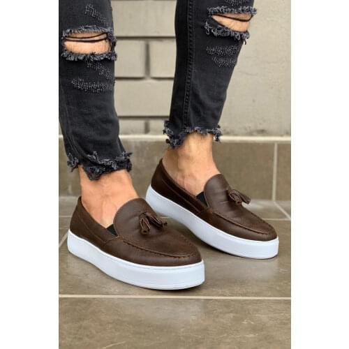 Knack Casual Male Sports Classic Shoes Brown Color Artificial Leather Tassels Trend High White Bottom Loafer Shoes 717