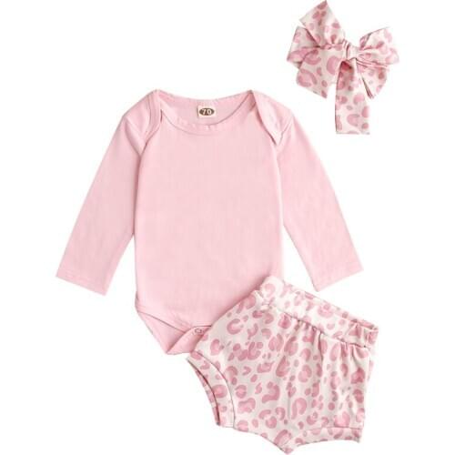 New 2PCS Autumn Newborn Kid Baby Girls Clothes Sets Solid Long Sleeve Tops + Leopard Shorts Outfits 0-24M7 2020