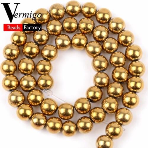 Natural Semi Precious Stones Plated Gold Hematite Round Beads For Needlework Jewelry Making Diy Bracelet Accessories 4 6 8 10mm