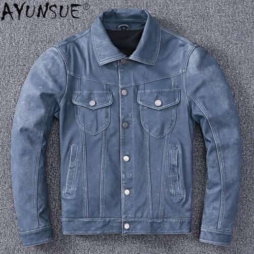 AYUNSUE Genuine Sheepskin Leather Jacket Men Autumn Jackets Mens Retro Blue Denim Style Coat Male Short Clothes Veste LXR1050