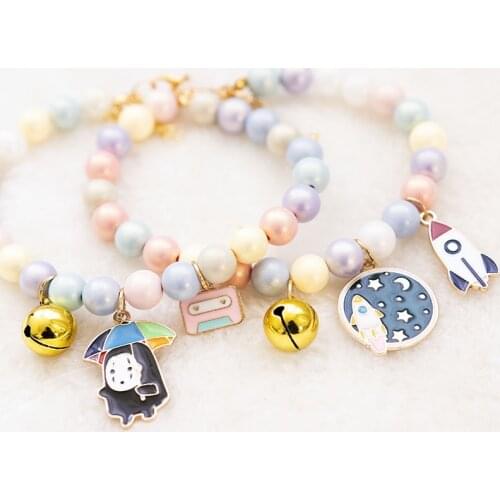 Cute Pet Collar Custom Imitation Pearl Cat Necklace Pendant Pet Chain Bell Adjustable Kitten Collar Printed Dog Accessories