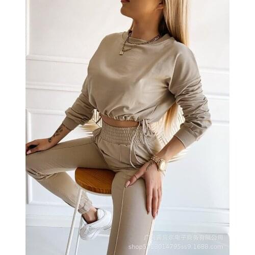 2021 New Apricot round neck drawstring sweater Casual Pants Set