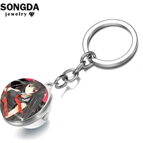 SONGDA Akame Ga Kill Key Chain Silver Color Japanese Anime Cartoon Printed Double-side Glass Ball Hanging Pendant Keychain Gift