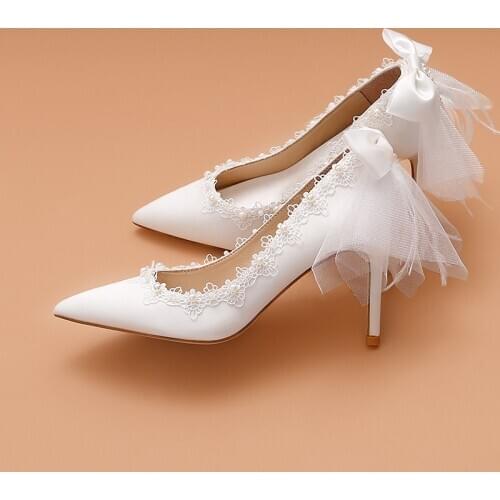 Wedding Shoes Silk Brides Pure White Bow Net Tassel Elegant Princess Single Shoes Woman Thin Heels Party Pumps Sandalias Mujer