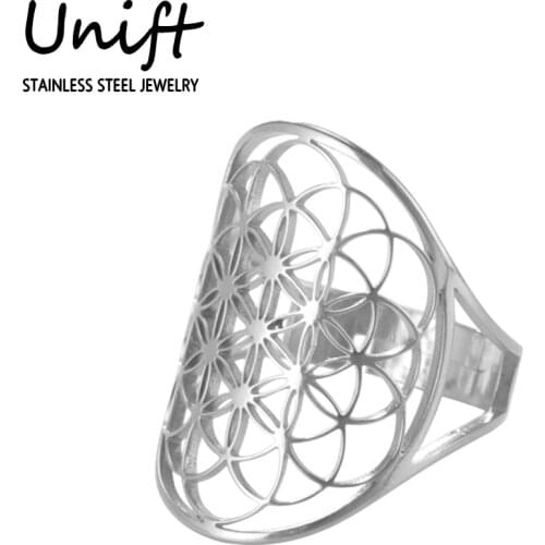Unift Geometric Flower of Life Ring Adjustable Stainless Steel Ring Men Women Accessories Vintage Filigree Viking Jewelry Gifts
