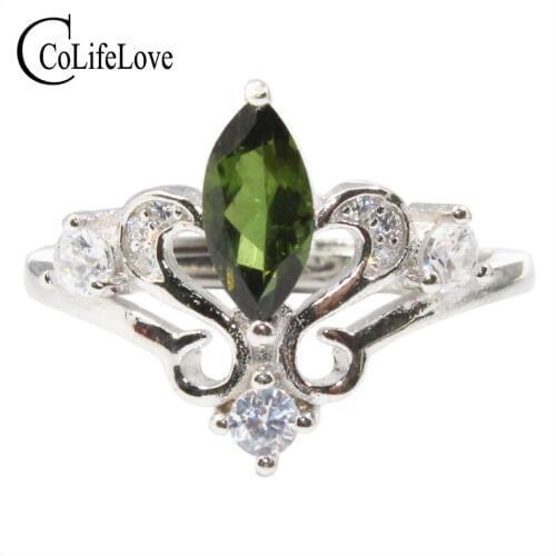 Vintage silver green tourmaline ring for woman 4 mm * 8 mm marquise cut tourmaline silver ring 925 silver tourmaline jewelry
