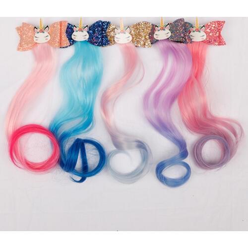 Cheer Bow 3" Glitter Hairbow Girls Kids Children Hairclip With Cartoon Unicorn Long Wig Baby Lovely Hairgrip Hair Accessories