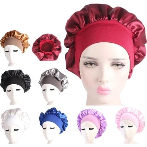 58cm Long Hair Care Women Satin Bonnet Cap Night Sleep Hat Silk Head Wrap Adjust Shower Caps Knitted Cap Solid Color
