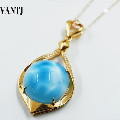VANTJ Elegant Natural Blue Larimar 10K Yellow Gold Pendant Fine Jewelry Necklace for Women Lady Party Wedding Gift whit Box