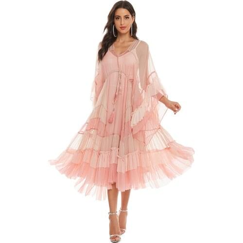 Runway Designer 2020 Pink Dress Patchwork Sexy Mesh V-neck New Fashion Maxi Dress Bohemian Party Soft Girl Vestidos