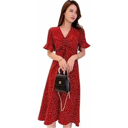 2019 Fashion Plus size XL-5XL Summer Chiffon Dress Women Ruffle Short sleeve Maxi Dresses Female V-neck Dot Printed Dress G338