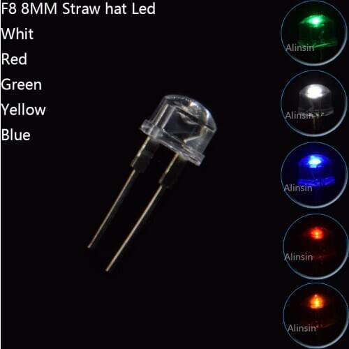 20pcs 0.5W F8 8mm Straw Hat LED Light Emitting Diode white Red Blue Green Yellow Color Strawhat bulb lamp 3V-3.2V PCB