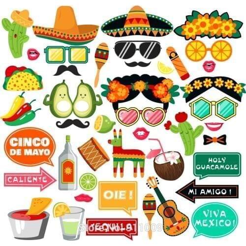 44pcs Cinco de Mayo Photobooth Props Mexico Party Decoration Mr Ms DIY Photobooth Props Festival Celebrate Party Supplies