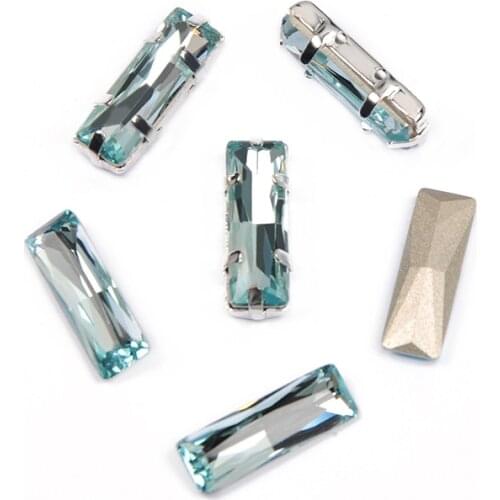 4547 Aquamarine Princess Baguette Strass Glass Crystal sew on rhinestones sliver Gold base with hole diy clothing accessories