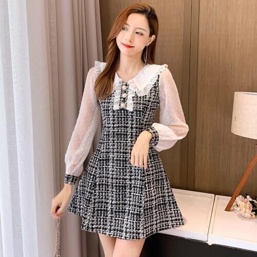 COIGARSAM Women Korean dress Long Sleeve New Patchwork Dresses Black Light Green 1090