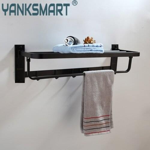 Towel Rail Holder Matte Black Bathroom Folding Wall Mounted Towel Rail Holder Storage Rack Shelf Bar Hanger Towel Rack