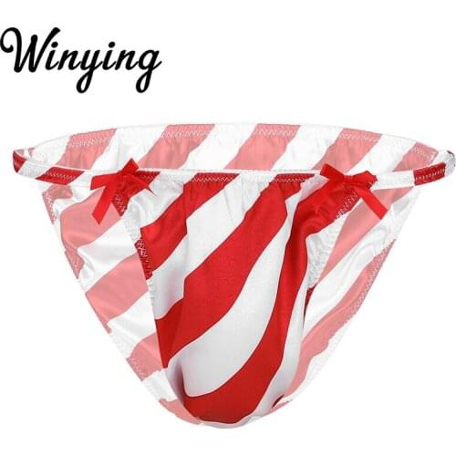 Men Red Striped Satin Christmas Underwear Festival Rave Fancy Underpants Bikini Briefs Male Gay Hot Sexy Lingerie Sissy Panties
