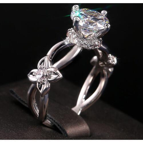 Hainon Elegant Floral Cubic Crystal Rings for Women Silver Color Flowers Vine Ring Gifts Trendy Jewelry Female Accessories