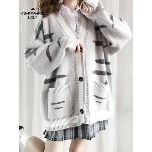 Women Cardigan Sweater Coat Girl Sweet Thick Loose Mid-length Japanese Style Pocket Tiger Pattern Cat Autumn And Winter Oversize
