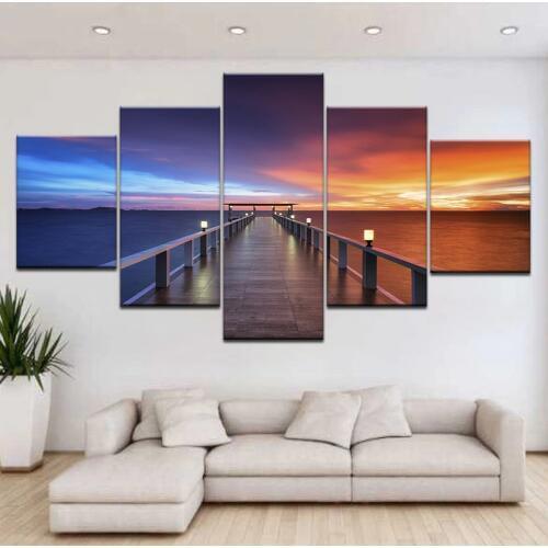 Canvas Wall Art Prints Poster Home Decor 5 Pieces Beautiful Sunset Bridge Natural Scenery Paintings Lake Pictures Modular Frame