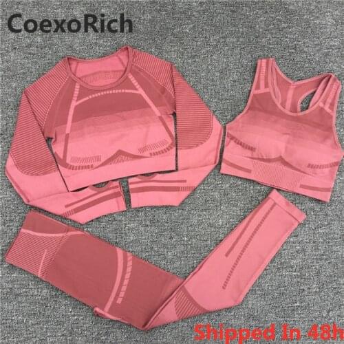 Gym Yoga Set Women 3Pcs Geo Seamless Sport Workout Sports Bra Suit Fitness Crop Tank Top High Waist Pant Long Sleeve Sportswear