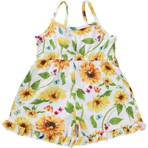 Toddler Girls Summer Sling Ruffles Rompers Sleeveless Sunflower Print Jumpsuit